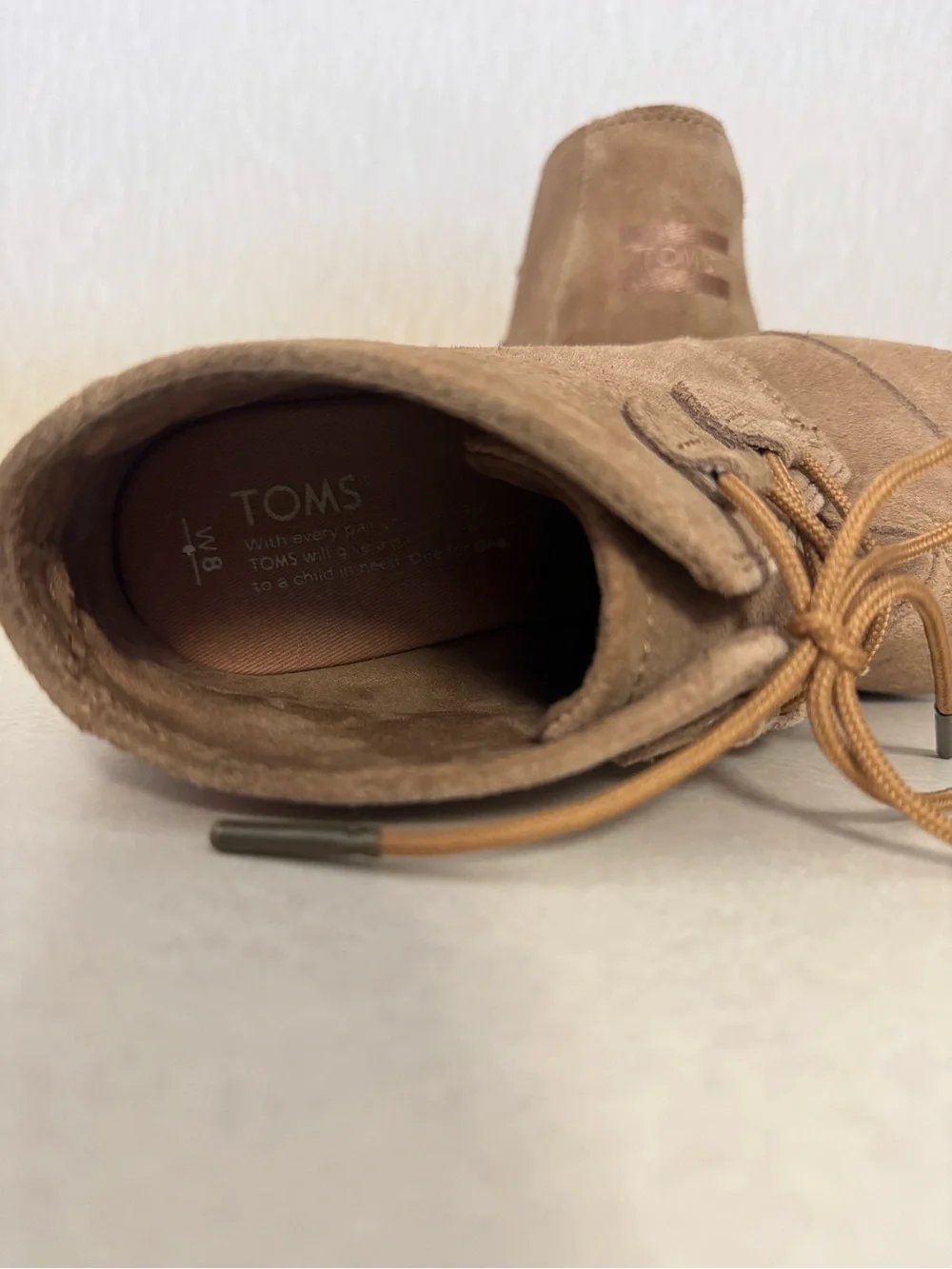 Toms - Tan Suede, Gum Sole Wedge Lace-Up Booties